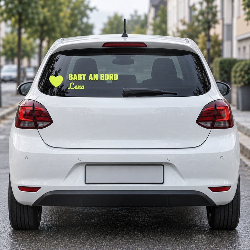 Auto-Sticker „Baby an Bord“ mit Herz und Namen am Fahrzeugheck, Visualisierung