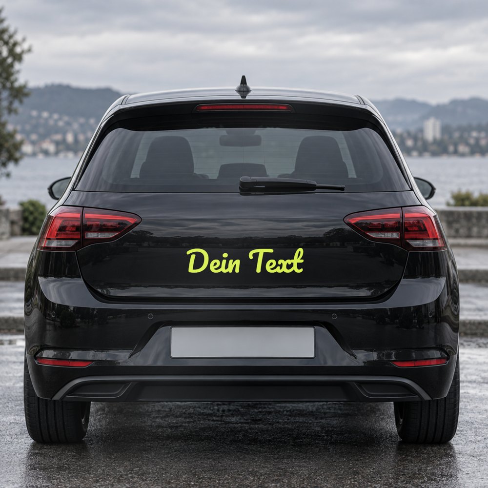 Auto-Sticker mit eigenem Schriftzug am Fahrzeugheck, Visualisierung