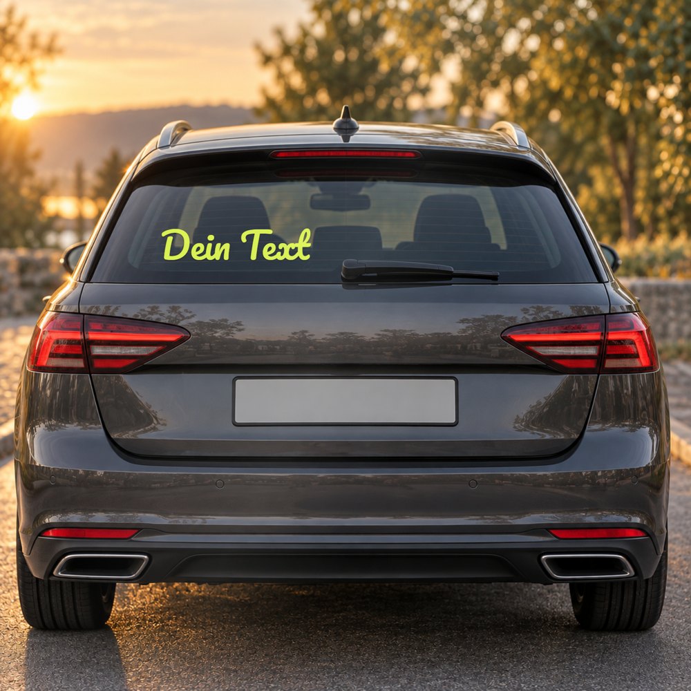 Auto-Sticker mit eigenem Schriftzug am Fahrzeugheck, Visualisierung