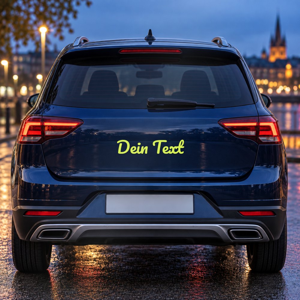 Auto-Sticker mit eigenem Schriftzug am Fahrzeugheck, Visualisierung