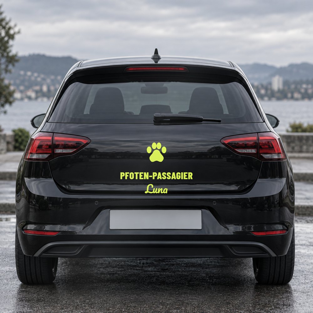 Auto-Sticker „Pfoten-Passagier“ mit Pfote und Tiername am Fahrzeugheck, Visualisierung