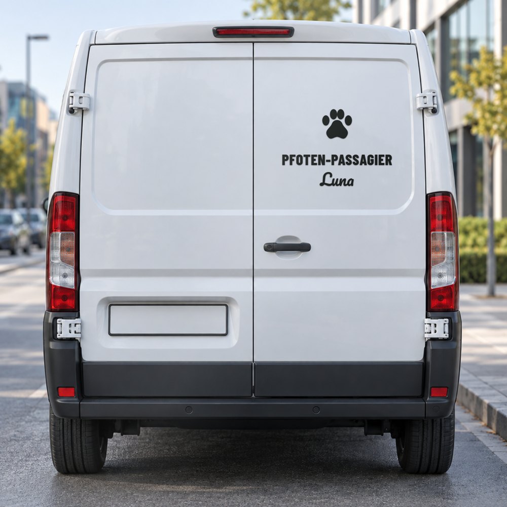 Auto-Sticker „Pfoten-Passagier“ mit Pfote und Tiername am Fahrzeugheck, Visualisierung