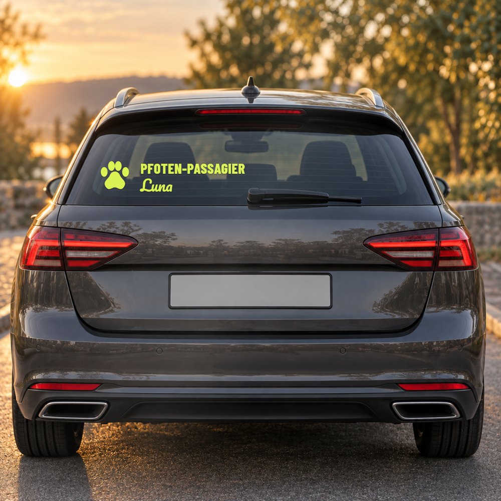 Auto-Sticker „Pfoten-Passagier“ mit Pfote und Tiername am Fahrzeugheck, Visualisierung