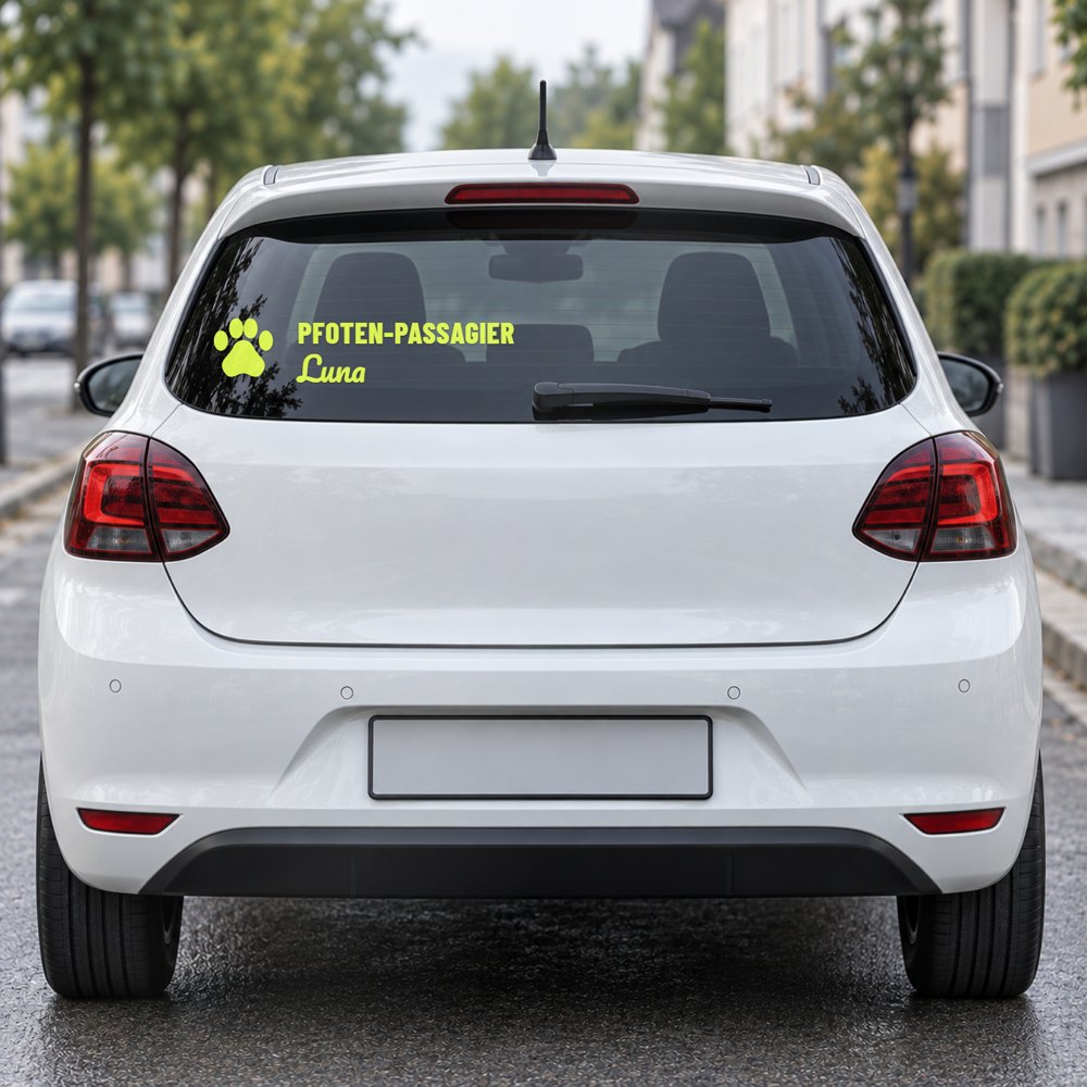 Auto-Sticker „Pfoten-Passagier“ mit Pfote und Tiername am Fahrzeugheck, Visualisierung
