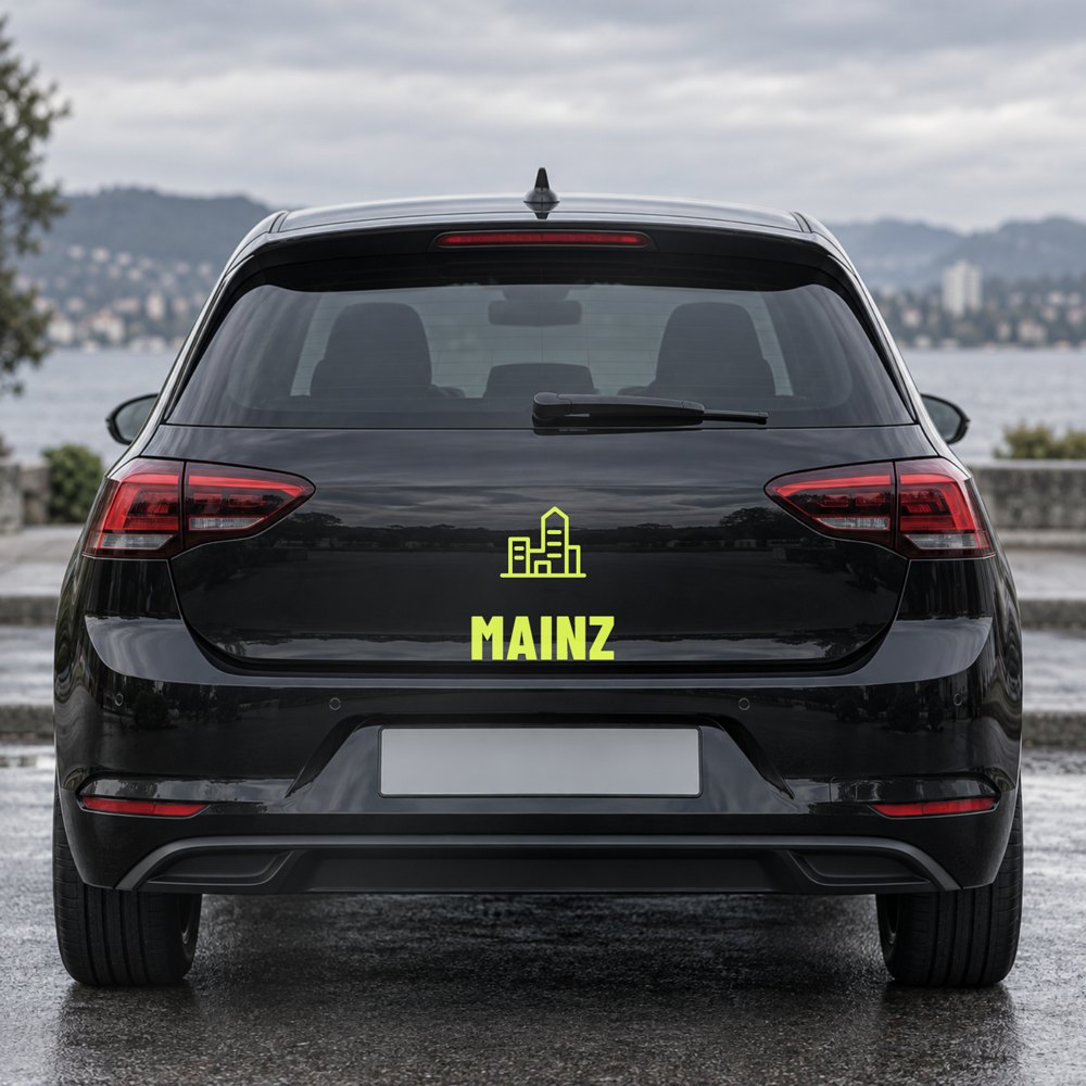 Auto-Sticker Stadt-Skyline mit Ortsname Mainz am Fahrzeugheck, Visualisierung