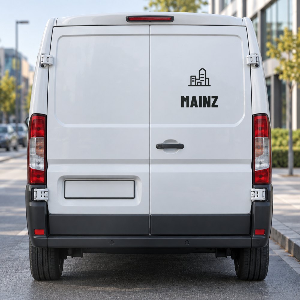 Auto-Sticker Stadt-Skyline mit Ortsname Mainz am Fahrzeugheck, Visualisierung