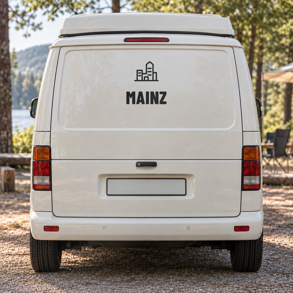 Auto-Sticker Stadt-Skyline mit Ortsname Mainz am Fahrzeugheck, Visualisierung