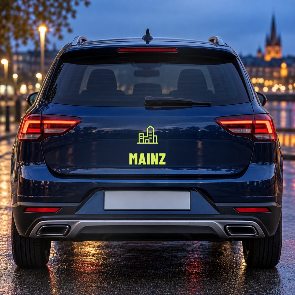 Auto-Sticker Stadt-Skyline mit Ortsname Mainz am Fahrzeugheck, Visualisierung