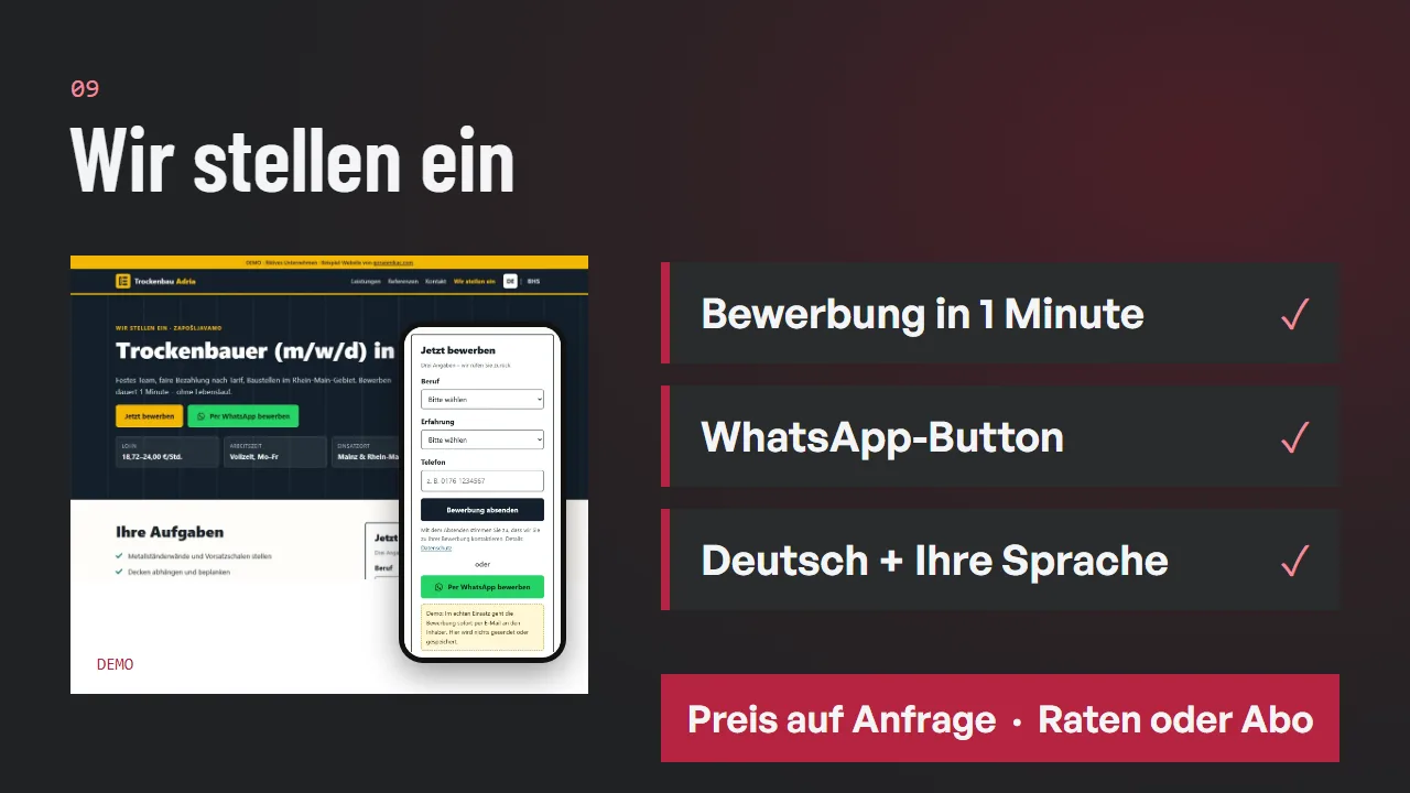 Demo-Stellenseite: Trockenbauer in Mainz mit Lohn, Arbeitszeit und Bewerbung per Formular oder WhatsApp