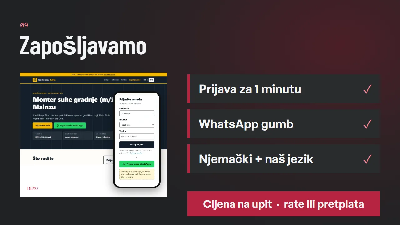 Demo oglas za posao: monter suhe gradnje u Mainzu, s plaćom, radnim vremenom i prijavom preko obrasca ili WhatsAppa