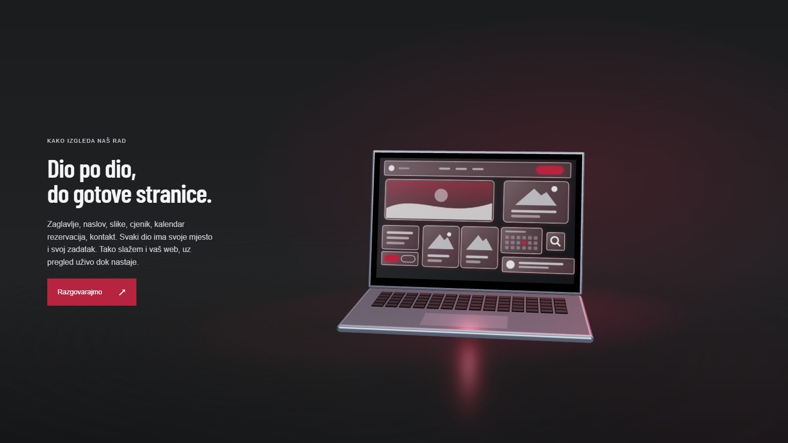 Laptop sa složenom web stranicom na ekranu: zaglavlje, naslov, slike, kalendar rezervacija i kontakt