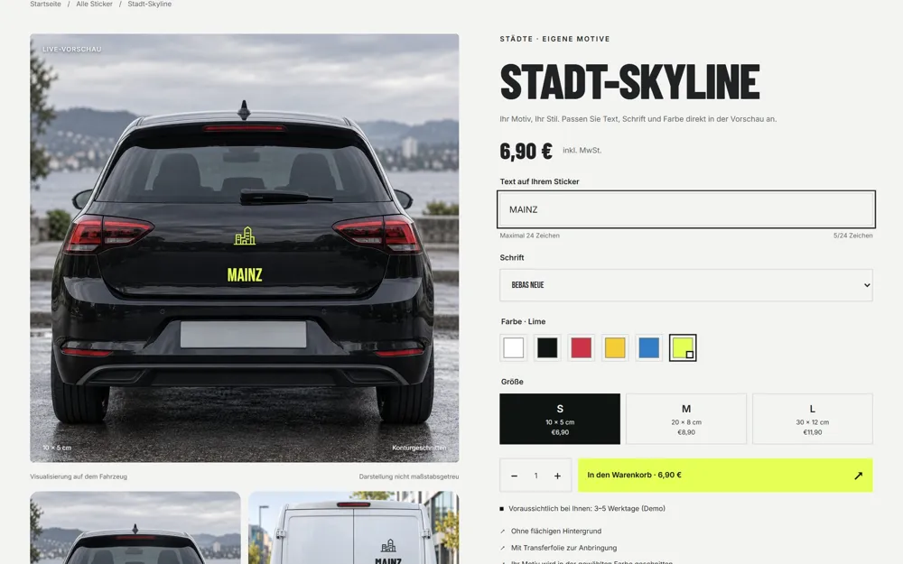 Klebwerk demo shop on desktop: product page with a sticker preview on a car
