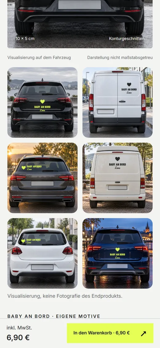 Klebwerk demo shop on mobile: vehicle gallery with stickers