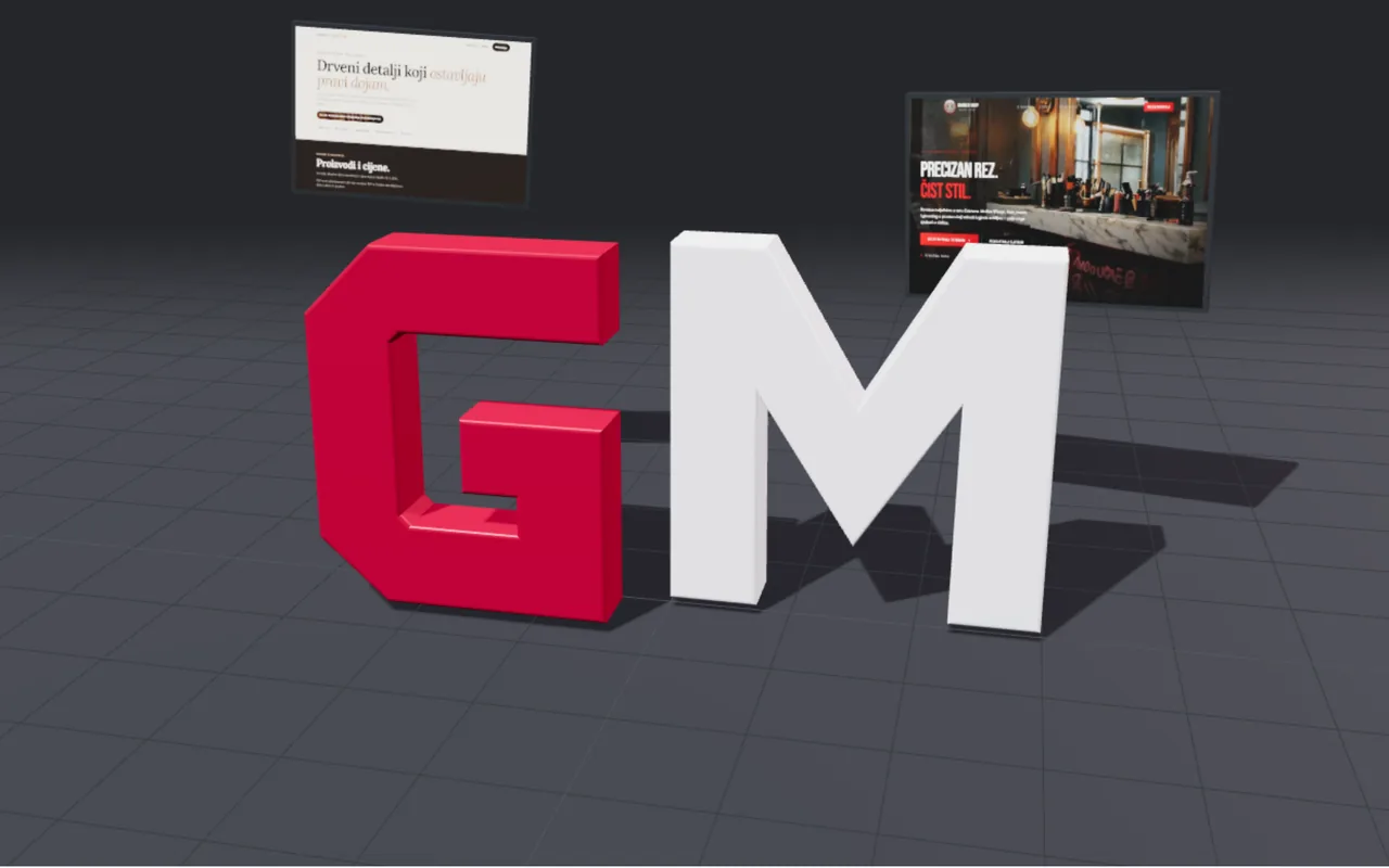 3D-Demo: rotes G und weißes M im Raum, dahinter zwei echte Websites
