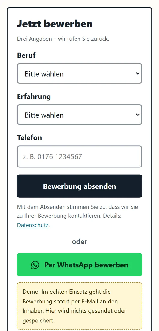 Demo-Bewerbungsformular am Handy mit drei Feldern: Beruf, Erfahrung und Telefon, darunter der WhatsApp-Button
