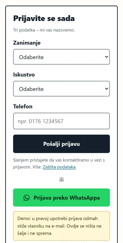 Demo obrazac na mobitelu s tri polja: zanimanje, iskustvo i telefon, ispod gumb za prijavu preko WhatsAppa