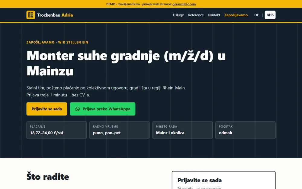 Demo oglas na računalu: monter suhe gradnje u Mainzu, s plaćom, radnim vremenom, mjestom rada i gumbima za prijavu i WhatsApp