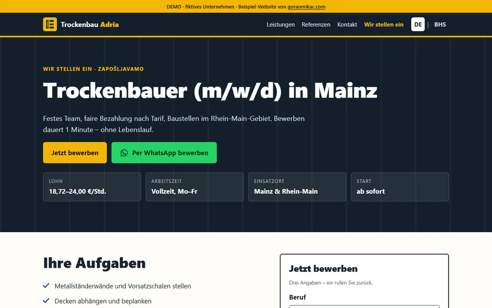 Demo-Stellenseite am Computer: Trockenbauer in Mainz mit Lohn, Arbeitszeit, Einsatzort und den Buttons Jetzt bewerben und Per WhatsApp bewerben