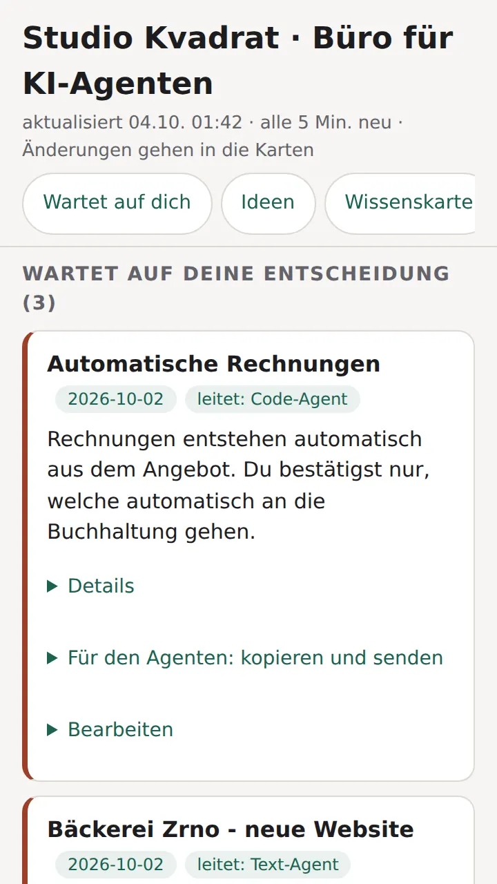 Board auf dem Handy mit Projekten, die auf eine Entscheidung warten