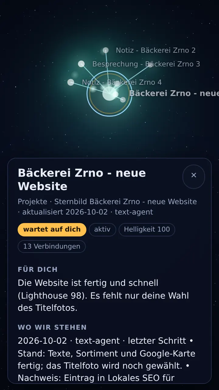 Geöffnetes Projekt mit Stand und nächstem Schritt