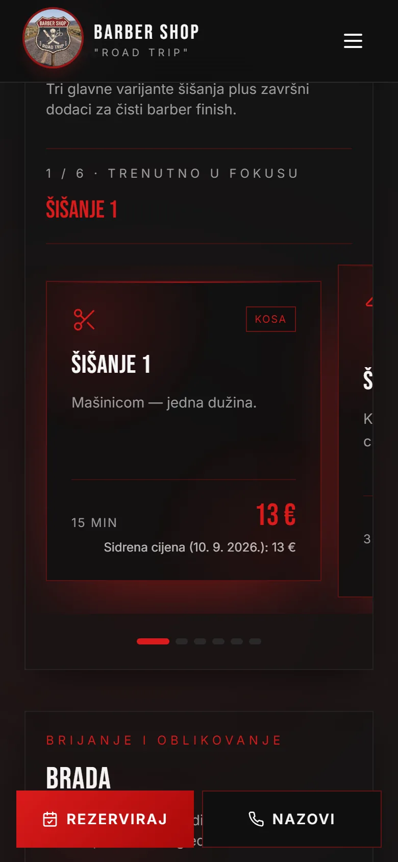Kartica usluge na roadtripbarber.com s cijenom i cijenom od 10.09.2026.