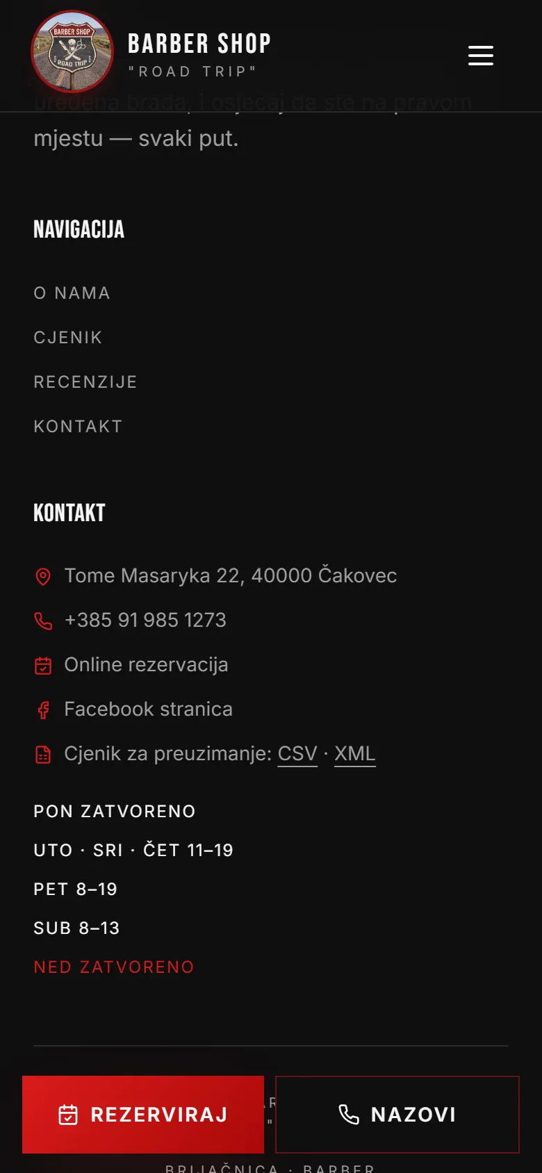 Podnožje roadtripbarber.com s poveznicom Cjenik za preuzimanje: CSV · XML